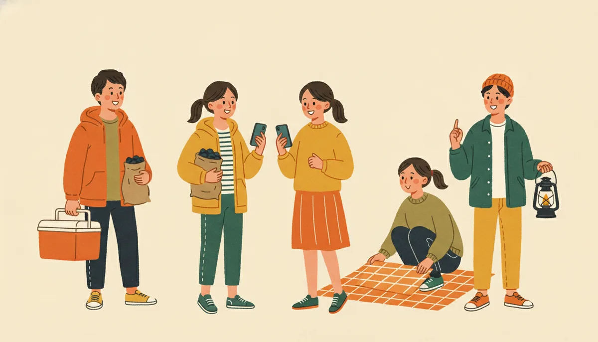 仲間と持ち物を確認しながら出かける準備をしている様子のイラスト