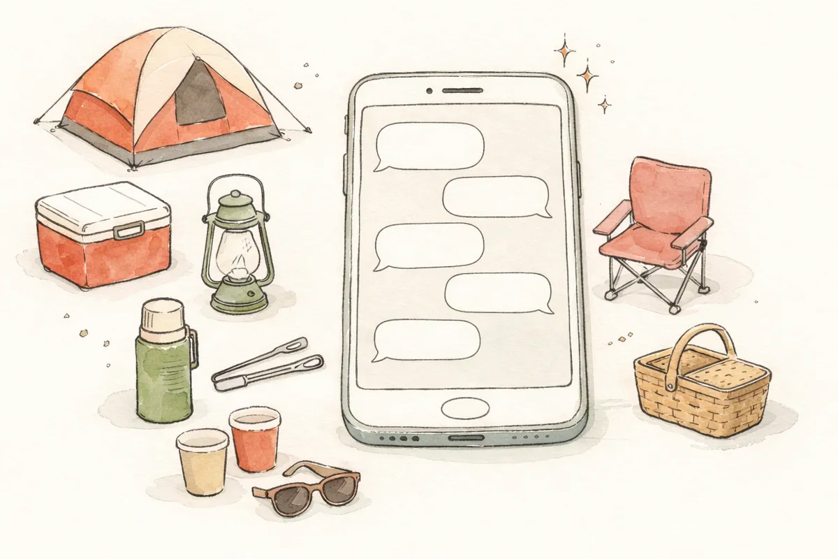 スマートフォンのチャット画面のまわりに持ち物が並んでいるイラスト